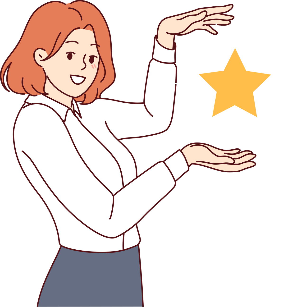 Business woman, best employee of month, received star confirming excellent skills to achieve tasks. Ambitious girl shows badge of distinction received by business after mystery shopper purchase