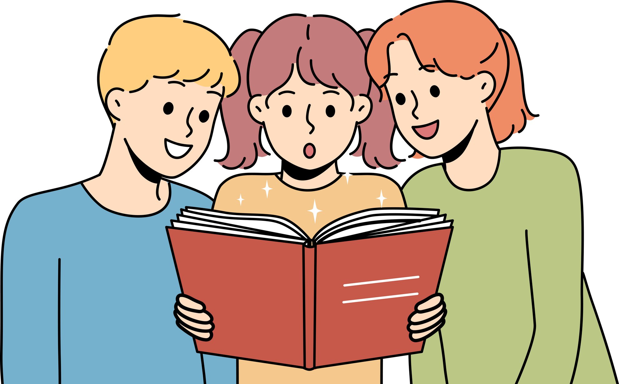 Children read book and are amazed at facts from history described in school encyclopedia